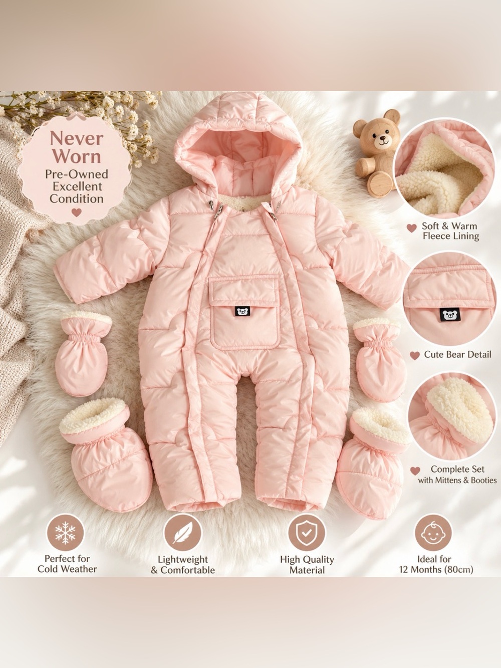 Baby Girl Pink Puffer Snowsuit 12M 80cm Fleece Lined Mittens & Booties NWOT